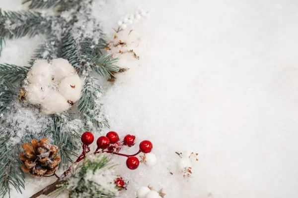 Puesta plana de invierno festivo. Nieve, conos y ramas de un árbol de Navidad verde sobre un fondo blanco — Foto de Stock