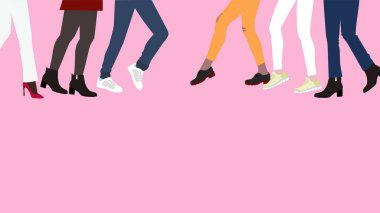 Bir grup insan birbiriyle tanışacak. Bir sürü farklı ayakkabılı kadın bacağı sağa sola adım atıyor.,