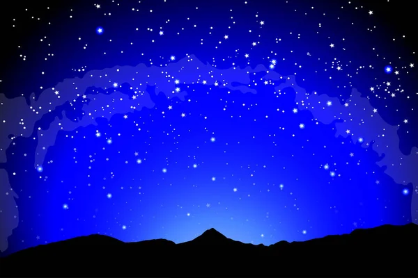 Paisaje de montaña, silueta oscura de la noche del paisaje de la tierra sobre el fondo del espacio . — Vector de stock