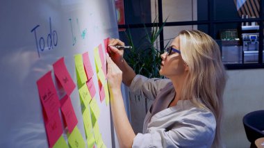 Project management agile methodology, concept. A young blonde woman in glasses clipart