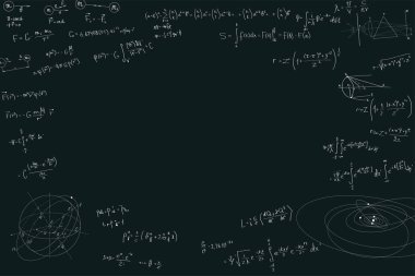 Merkezinde fotokopi alanı olan fiziksel formüller. Matematik ve fizik, bilimsel kavramlar