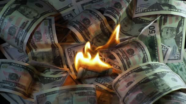 Sok dollár a tűzben, a globális pénzügyi válság és az infláció, a koncepció — Stock videók