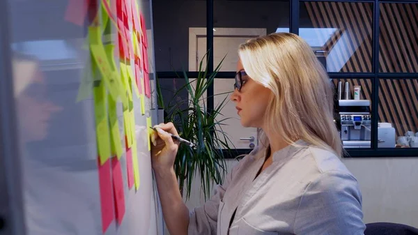 Gestión de proyectos metodología ágil, concepto. Una joven rubia en gafas —  Fotos de Stock