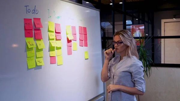 Projektmanagement agile Methodik, Konzept. eine junge blonde Frau mit Brille — Stockfoto