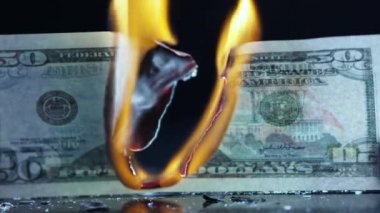 Burning 50 ten-dollar bill. Financial crisis