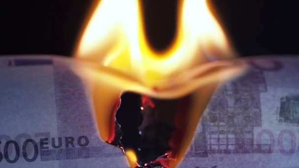 Сожжение евро, мировой финансовый кризис и инфляция, концепция — стоковое видео