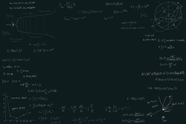 Astronomi ve astrofizik, fizik matematiği için formüller ve koyu yeşil tebeşir tahtasında astronomi..