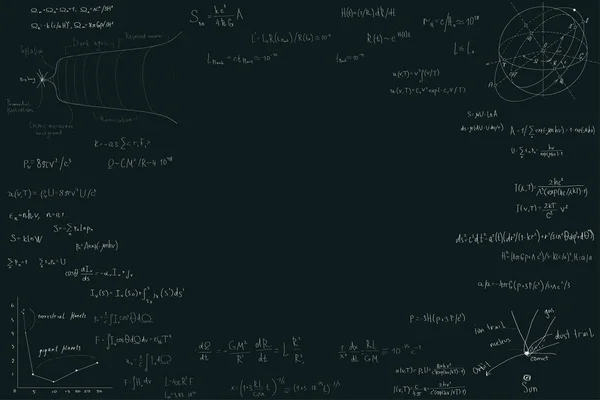 Astronomi ve astrofizik, fizik matematiği için formüller ve koyu yeşil tebeşir tahtasında astronomi.. — Stok Vektör