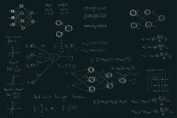 Formeln und Diagramme Informatik und Datenwissenschaft, neuronale Netzwerkdiagramme und Berechnungsformeln — Stockvektor