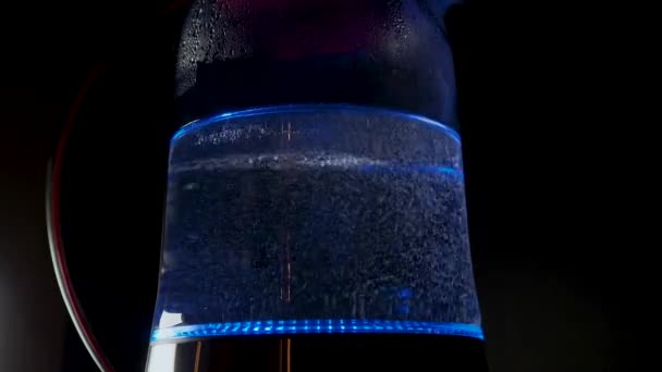 Bollitore elettrico con luce led blu, acqua bollente per tè, buio — Video Stock