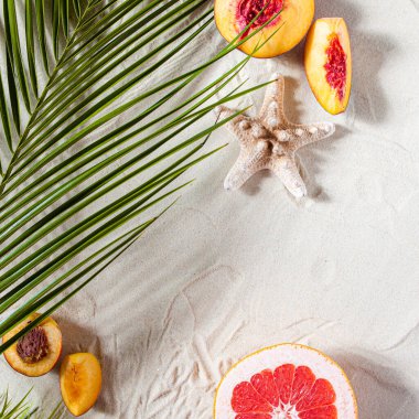 Plaj tatili Bir palmiye yaprağı, denizyıldızı ve beyaz ağaç dalı ve sulu meyveler beyaz kum üzerinde uzanır. Masaüstü duvar kağıdı.