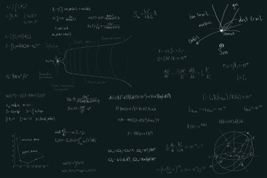Astronomi ve astrofizik, fizik matematiği için formüller ve koyu yeşil tebeşir tahtasında astronomi..