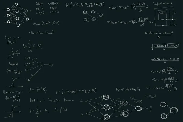 Formulák és diagramok számítástechnika és adattudomány, neurális hálózati diagramok és számítási képletek — Stock Vector