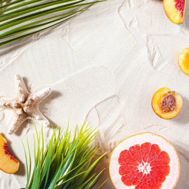 Plaj tatili Bir palmiye yaprağı, denizyıldızı ve beyaz ağaç dalı ve sulu meyveler beyaz kum üzerinde uzanır. Masaüstü duvar kağıdı.