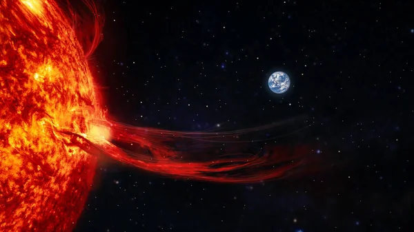 Solar prominence, solar flare, and magnetic storms. Influence of the sun's surface on the earth's magnetosphere — 图库照片