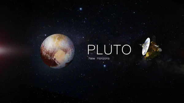 Pluto and the new horizons mission, deep space exploration, planet and inscription — стокове фото