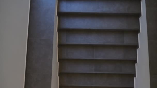 Young woman in stylish business clothes is walking up the steps, the interior of business center. — Αρχείο Βίντεο