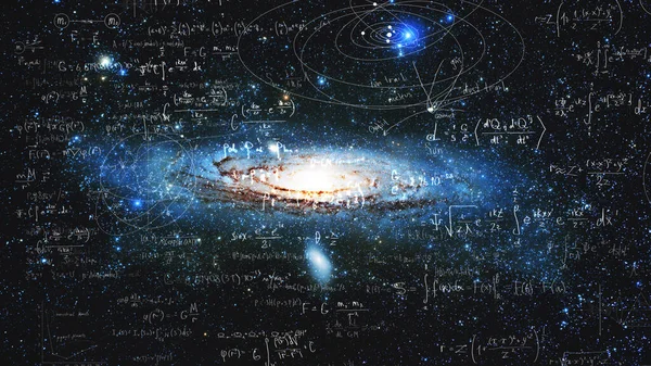 Ciencia e investigación del universo, galaxia espiral y fórmulas físicas, concepto de conocimiento y educación —  Fotos de Stock