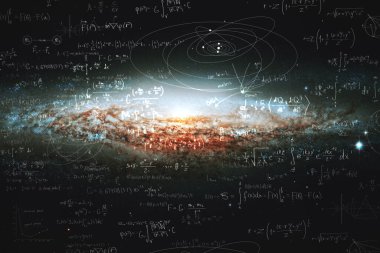 Evrenin bilim ve araştırmaları, sarmal galaksi ve fiziksel formüller, bilgi ve eğitim kavramı