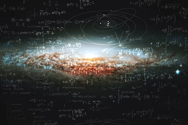 Science and research of the universe, spiral galaxy and physical formulas, concept of knowledge and education — Stock Photo, Image