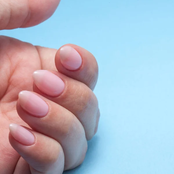 Frauenhände mit perfekter Nude-Maniküre. Nagellack ist ein natürlicher blassrosa Farbton. — Stockfoto