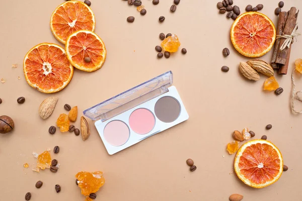 Cosmetics for natural makeup, highlighter powder and toner, palette of makeup products