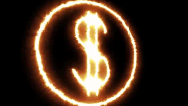 Brandend dollarteken in dynamiek op een zwart — Stockvideo