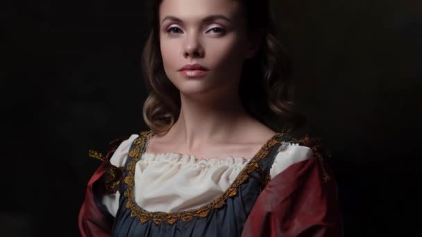 Portret van een jonge vrouw in de stijl van een Renaissance schilderij. — Stockvideo