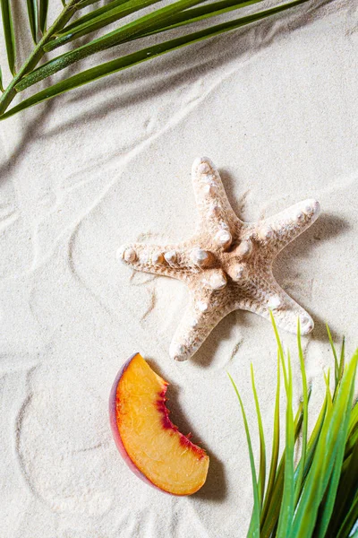 Vacaciones en playa. Una hoja de palma, una estrella de mar, una rama de árbol blanco y jugosos frutos yacen sobre arena blanca y fina. Fondos de escritorio . — Foto de Stock