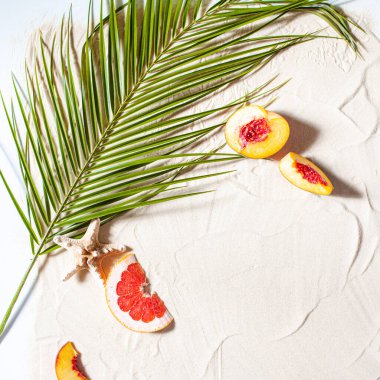 Sahil tatili. Bir palmiye yaprağı ve sulu meyveler beyaz ince kum üzerinde yatıyor. Masaüstü duvar kağıdı.