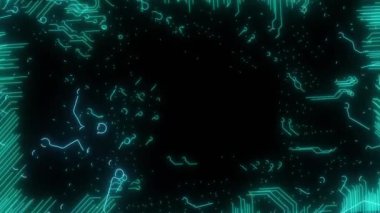 Neon ışıkta çipler. Görünüm sürecinde ana kart ve ağ hatları.