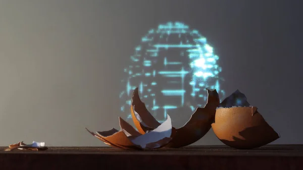 Skorupa jajka i hologram całego jajka. Koncepcja cyberpunku. — Zdjęcie stockowe