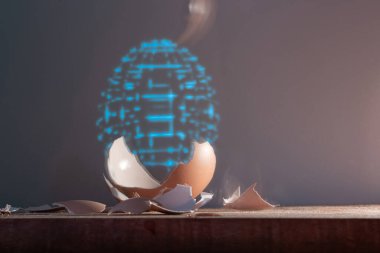 Bir yumurta kabuğu ve bütün bir yumurtanın hologramı. Siber punk konsepti..