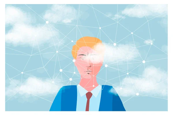 Head in the clouds, a businessman on background of sky with clouds and connections — Stock Vector
