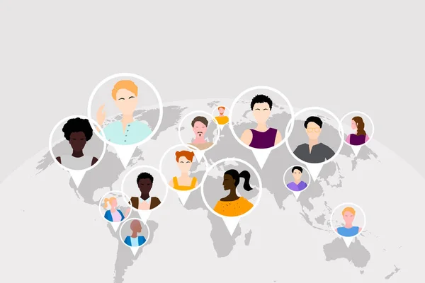 Conexión mundial. Diferentes personas alrededor del mundo trabajan juntas, se comunican — Archivo Imágenes Vectoriales