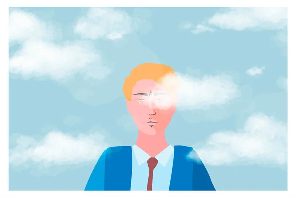 Head in the clouds, a businessman on background of sky with clouds and connections — Stock Vector