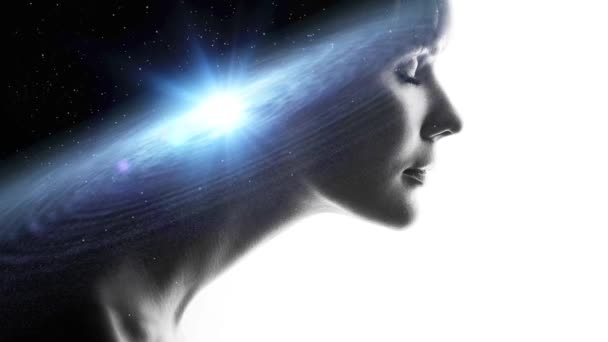 Profile of a woman with the galaxy as a brain. The scientific concept. — Stock Video
