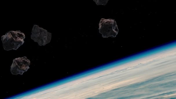 Stroom van asteroïden die naar de aarde vliegen, ruimtegevaar — Stockvideo