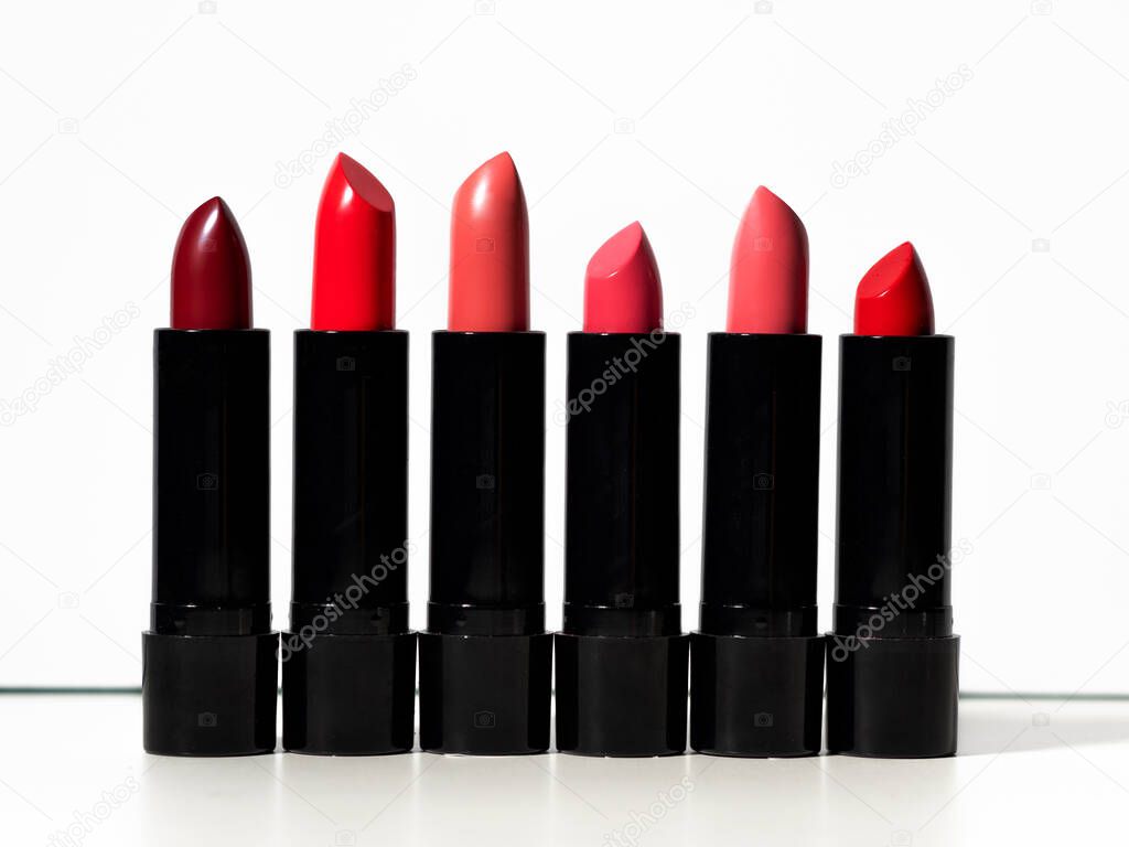 set of six multi-colored lipsticks or lip glosses. set of makeup artist,