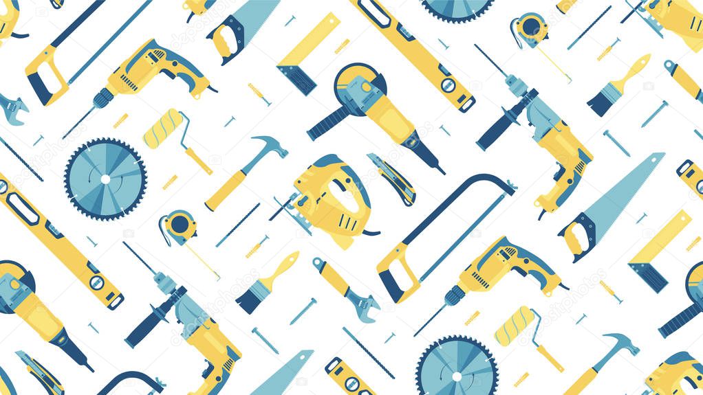 Seamless pattern with hand building tools on a white background.