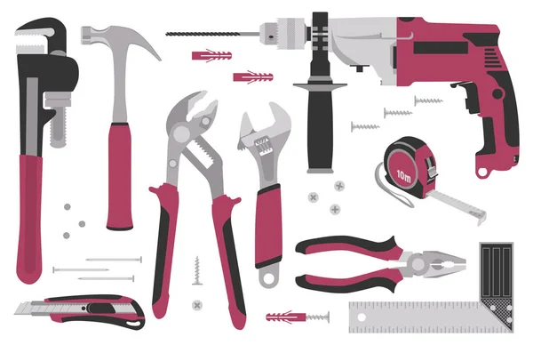 İnşaat ve onarım aletleri koleksiyonu: elektrikli çekiç matkabı, pense, bıçak, boru anahtarı, çekiç, ayarlanabilir keneler, rulet, köşe cetvel, ayarlanabilir anahtarlar, çiviler, vidalar, perdeler. Vektör çizimi. Beyazda izole edilmiş.