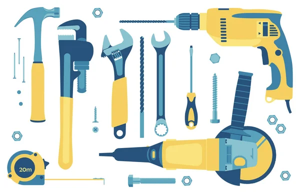 Conjunto de ferramentas para construção e reparação em estilo plano. Vetor —  Vetores de Stock