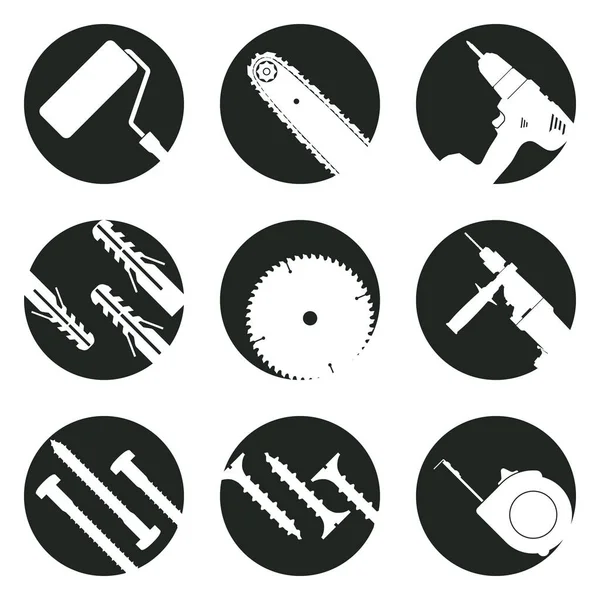 Herramientas de trabajo. 9 iconos vectoriales monocromáticos establecidos para el sitio . — Vector de stock