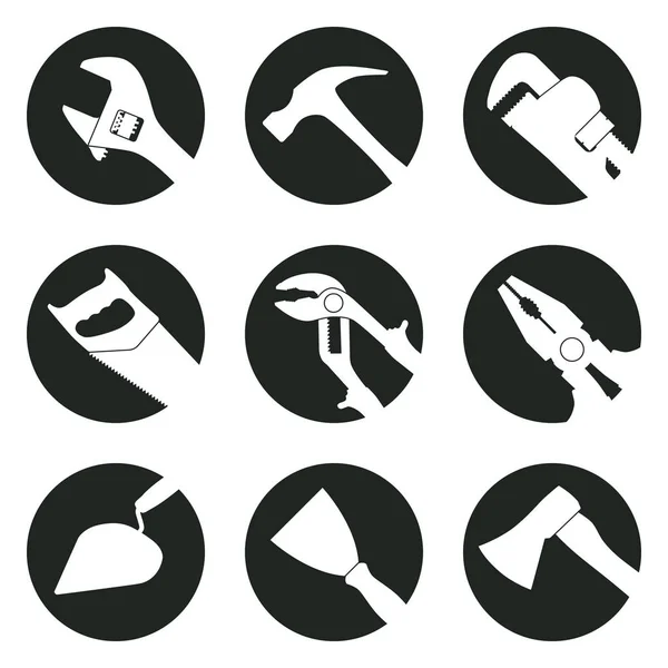 Herramientas de trabajo. 9 iconos vectoriales monocromáticos establecidos para el sitio . — Vector de stock