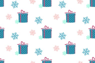 Hediye kutuları ve beyaz üzerine kar taneleri olan kışın pürüzsüz deseni. Noel arkaplanı. Vektör.