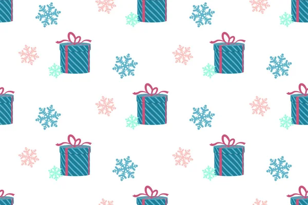 Winter Nahtlose Muster Mit Geschenkschachteln Und Schneeflocken Auf Weiß Weihnachtlicher — Stockvektor