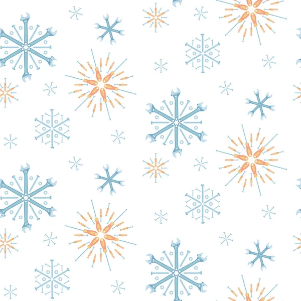 Patrón sin costuras de Navidad de herramientas y sujetadores dispuestos en forma de copos de nieve. Fondo vectorial . — Vector de stock