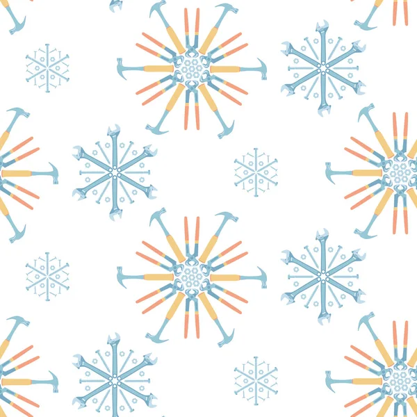 Patrón sin costuras de Navidad de herramientas y sujetadores dispuestos en forma de copos de nieve. Fondo vectorial . — Vector de stock