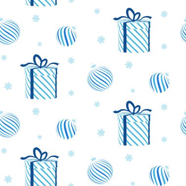 Topları, hediye kutuları ve kar taneleri olan kusursuz bir Noel geçmişi var. Vektör illüstrasyonu.