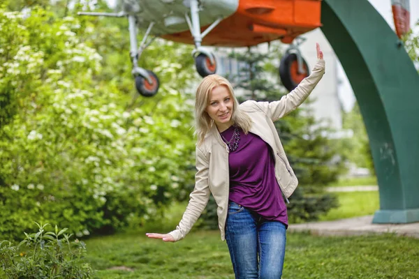 Rejoicing happy woman in flying motion — Stock Photo, Image